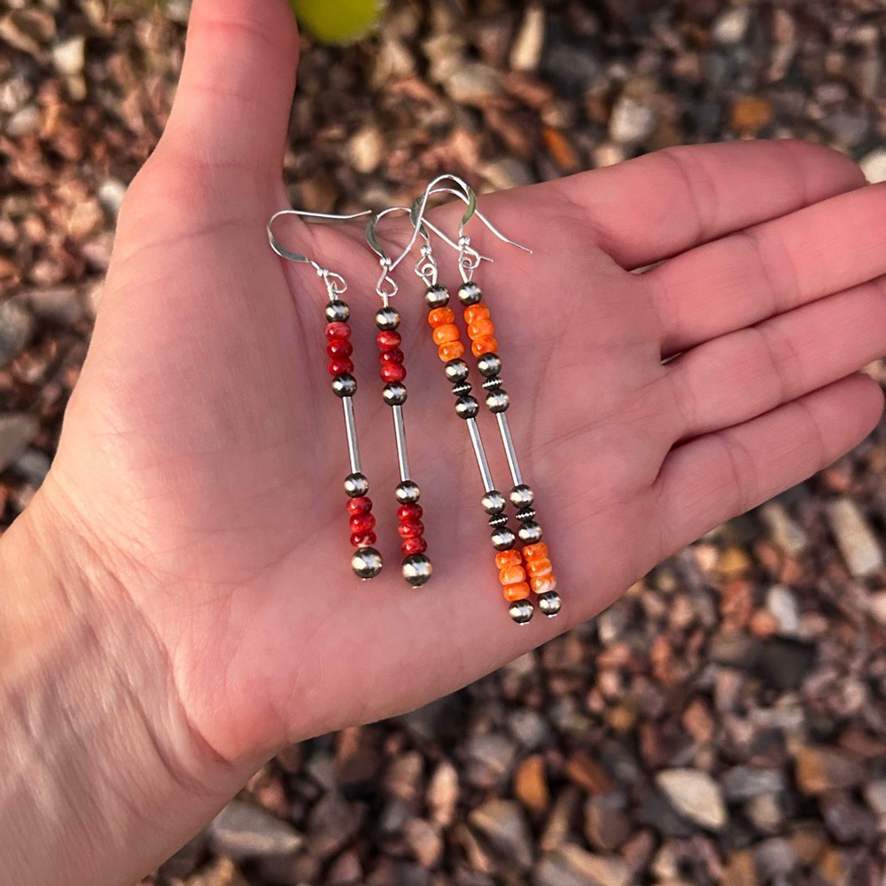 -SOLD Orange and Red Spiny Oyster Shell Navajo pearls dangle earrings